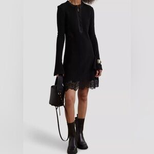 $2650 Chloé Women's Black Lace Insert Flare-Sleeve Ribbed Mini Dress Size 36
